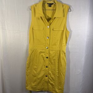 Hope & Honey Yellow Sleeveless Button Front Utility Dress Size 12 Belted Pockets